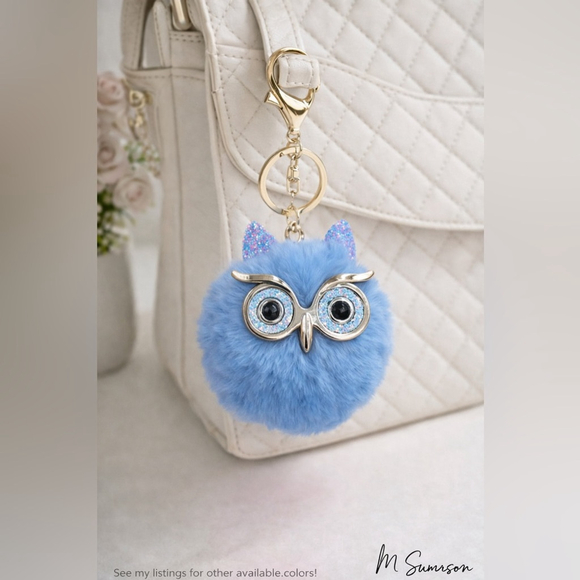 NEW Fluffy Owl Pom Keychain Charm Light Blue Gold - Picture 1 of 4